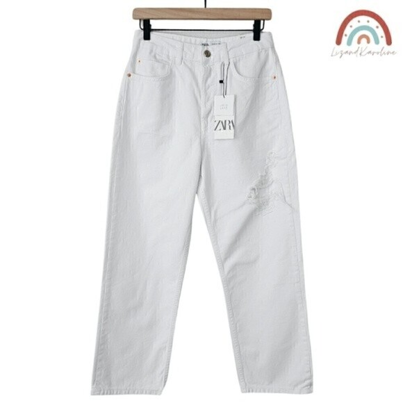 New! Zara High Rise Straight Leg Distressed Button Fly Rigid White Jeans - Picture 3 of 14